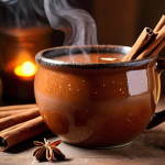A close-up of a steaming, warm cocktail in a rustic ceramic mug, showcasing whole spices like cinnamon sticks, star anise, and cloves floating on the surface. The background is softly blurred, hinting at a cozy autumn evening ambiance with warm, inviting light. Emphasize comfort and rich aromas, shallow depth of field.