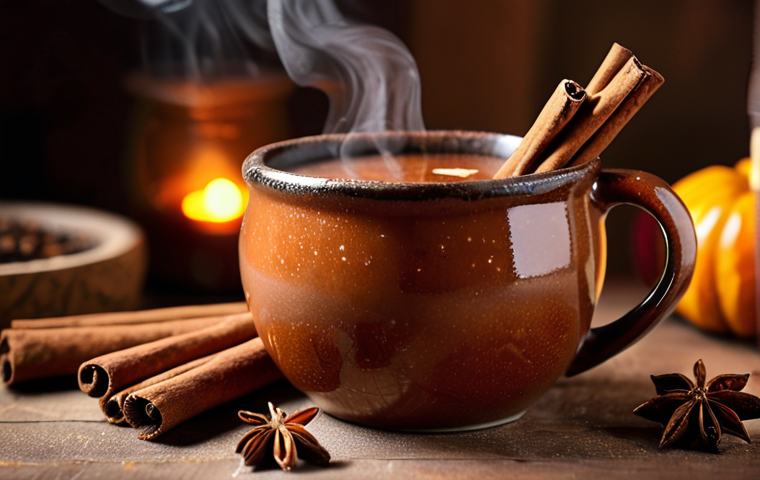 A close-up of a steaming, warm cocktail in a rustic ceramic mug, showcasing whole spices like cinnamon sticks, star anise, and cloves floating on the surface. The background is softly blurred, hinting at a cozy autumn evening ambiance with warm, inviting light. Emphasize comfort and rich aromas, shallow depth of field.