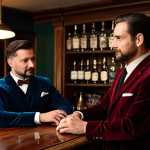 A professional male bartender, fully clothed in a smart, modest uniform, meticulously crafting a sophisticated cocktail at a polished vintage wooden bar counter. In the softly lit background, several patrons, fully clothed in appropriate smart casual attire, are engaged in quiet, respectful conversation in comfortable velvet seating. The atmosphere is calm and refined. Perfect anatomy, correct proportions, natural pose, well-formed hands, proper finger count, natural body proportions, professional photography, high quality, safe for work, appropriate content, fully clothed, modest, family-friendly.